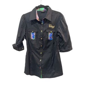 Coogi Roll Tab Sleeves Straight Hem Button Down Shirt Dress Black Size XL